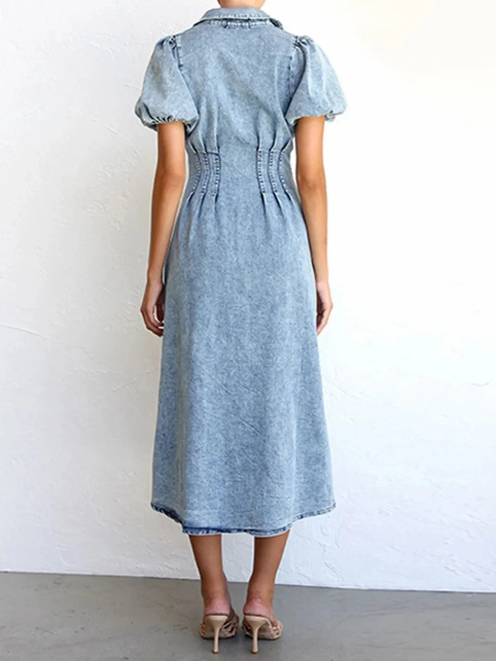 🩵 Puff Sleeve Button Front Denim Midi Dress Light Blue - Picture 5 of 9